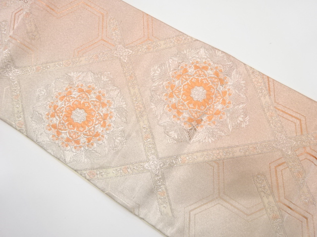 斜め格子に華紋・毘沙門亀甲模様織り出し　暈し袋帯